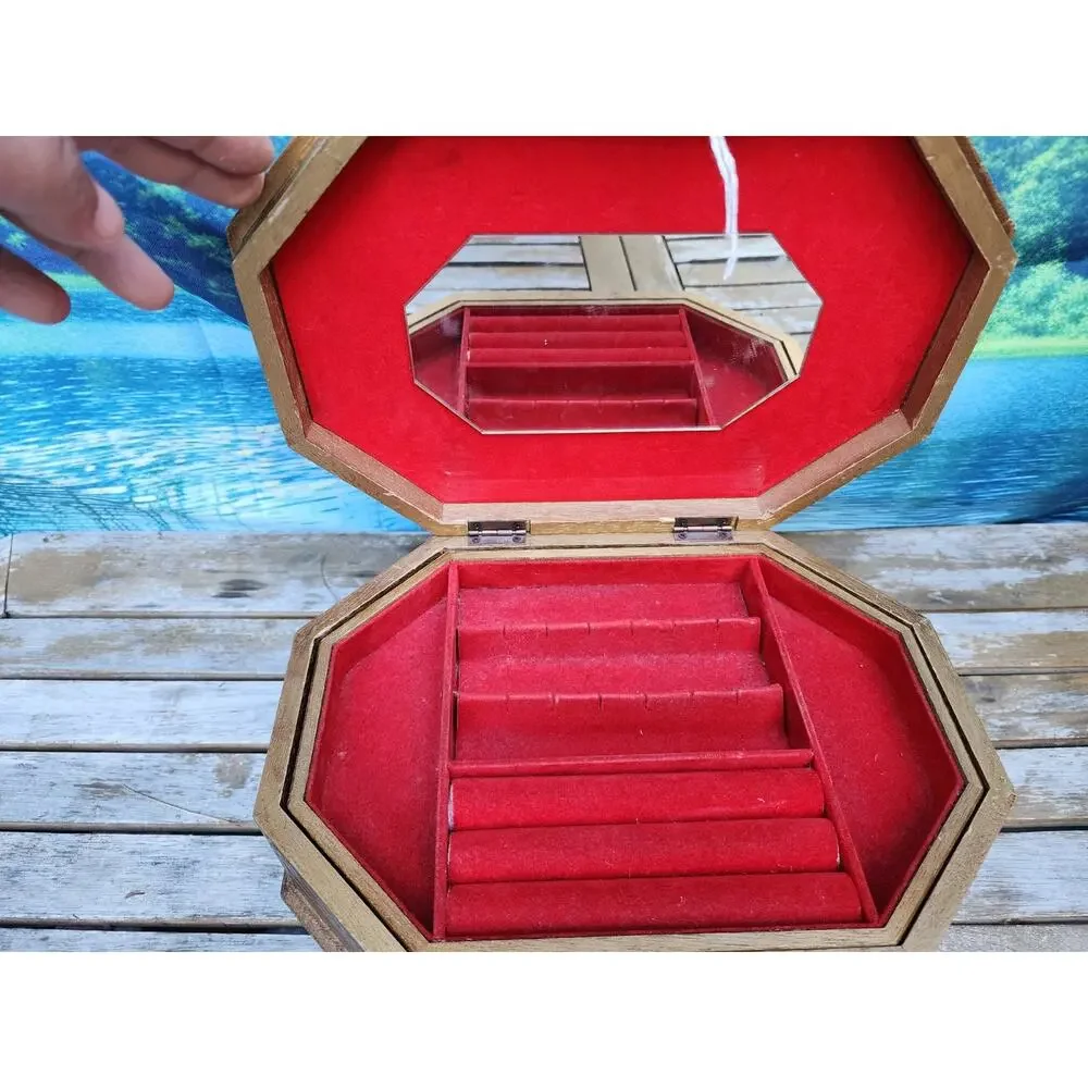 Vintage Large Gold Victorian Theme Jewelry Box Lady Reading Book-Japan Satin Top